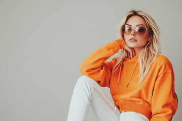 A stylish blonde woman in an orange hoodie and white jeans sits on a chair, wearing sunglasses and posing for a photoshoot