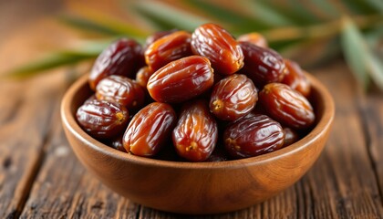 Fototapeta premium Sweet Dates in Wooden Bowl: A Delicious and Healthy Treat