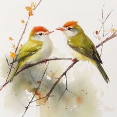 Fototapeta premium Two Colorful Birds with Red Caps Perched on Branches Surrounded by Soft Autumn Leaves in a Beautiful Watercolor Style Artwork