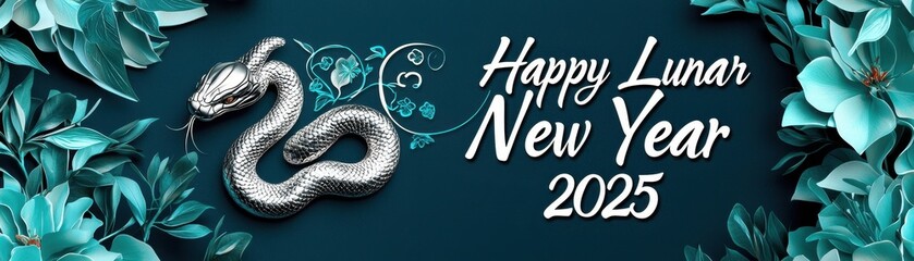 Obraz premium Elegant Design Celebrating Happy Lunar New Year with Snake Motif and Floral Accents in 2025 Background