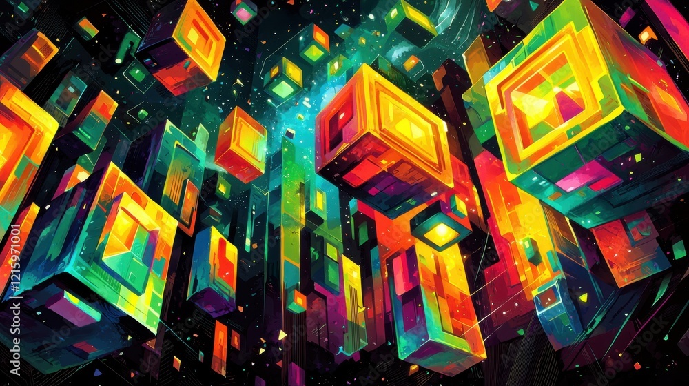 Poster dynamic abstract cube explosion digital art vibrant colors cosmic background 3d perspective visual i