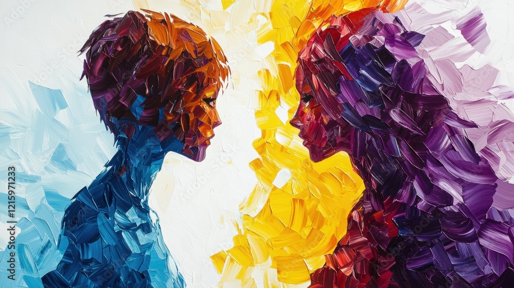 Poster emotional encounter between two figures abstract art colorful canvas contemporary studio side view i