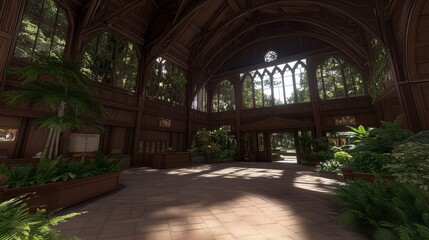Fototapeta premium Sunlit Conservatory Lush Plants in Wooden Cathedral