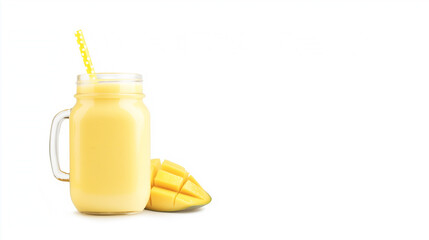 a fresh mango smoothie in a mason jar with a straw isolated on a white background with copy space