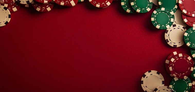 A red felt surface with poker chips scattered around the outside edge of the frame. On a dark red background. This could be used for an online casino website banner