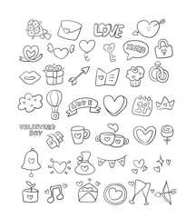 Valentine's day hand drawn outline doodles objects and symbols. Set of love and elements