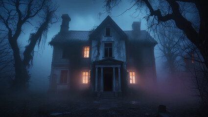 eerie and foggy ancient house