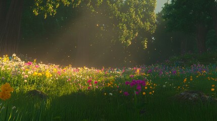 Obraz premium Sunlit Meadow Enchantment Magical Forest Flowers