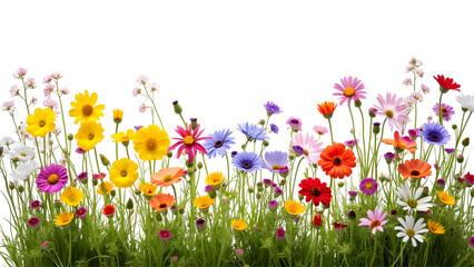 Colorful meadow and garden flowers isolated transparent background.