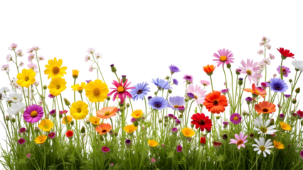 Colorful meadow and garden flowers isolated transparent background.