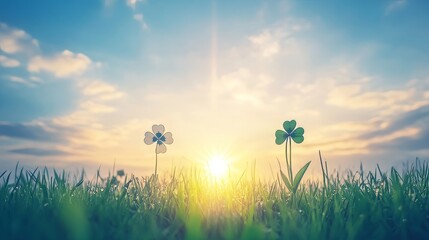 Obraz premium Sunlit Meadow with Clovers at Sunrise