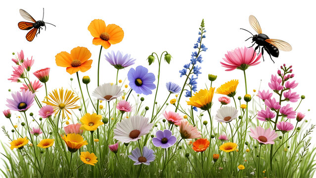 Fototapeta Colorful meadow and garden flowers isolated transparent background.
