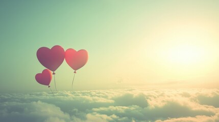 Fototapeta premium Floating heart balloons in the sky romantic atmosphere dreamy clouds serene viewpoint love concept