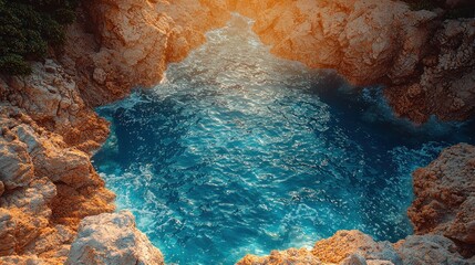 Coastal cove sunset, turquoise water, rock pool, Greece, travel brochure.
