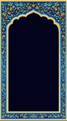 Illustration of blue rectangular frame with Islamic pattern motifs with copy space for text 