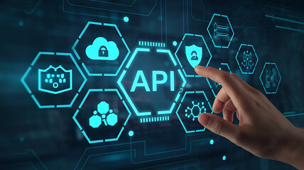 businessman pressing virtual button API, application programming interface. cloud computing concept, cloud technology, Saas, Paas, Iaas. AWS Services
