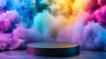 Colorful cloudscape background with circular stage platform