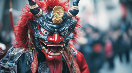 Celebrating Setsubun with traditional demon mask and vibrant festivities in a lively street event