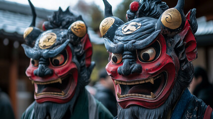 Fototapeta premium Celebrating Setsubun with traditional demon masks during a cultural festival in Japan
