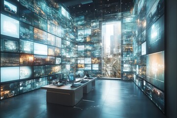 A hybrid work office with multiple screens connected globally, showcasing a seamless transition between physical and virtual worlds in a high-tech environment.
