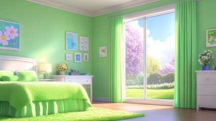 Fototapeta premium Sunny Green Girl's Bedroom with Garden View