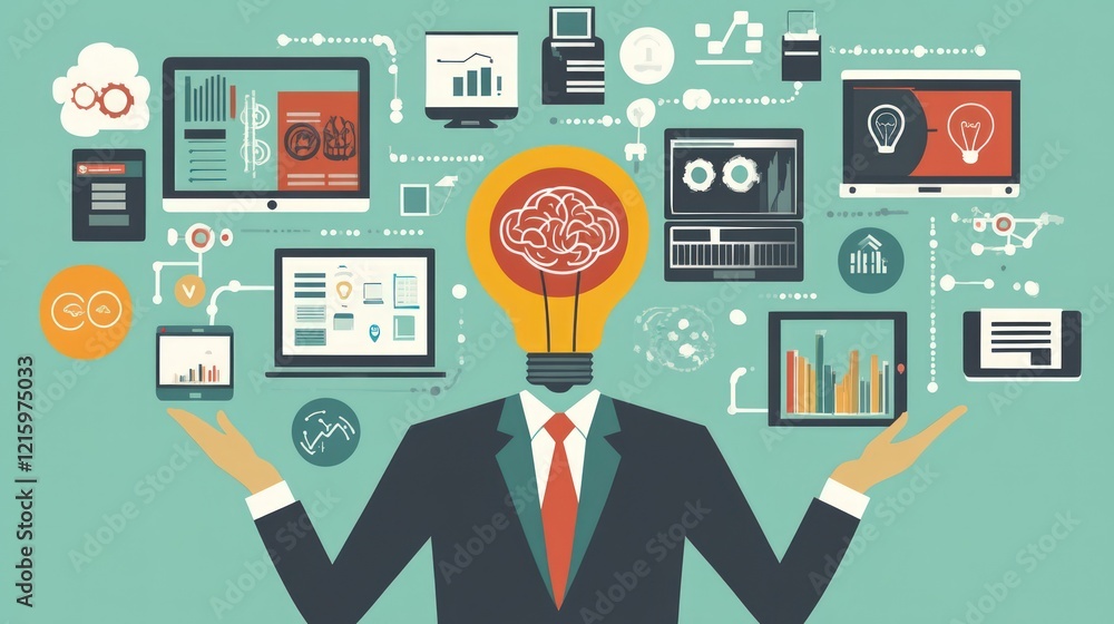 Poster businessman illuminated brain idea concept showing data analysis