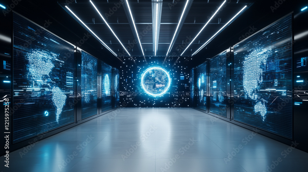 Aufkleber the global network: a futuristic server room pulses with the power of interconnected data, featuring