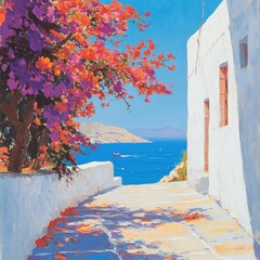 Mediterranean Coastal Path with Blossoming Bougainvillea