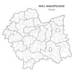 Administrative Vector Map of Lesser Poland Voivodeship (Małopolskie) with Municipality Areas (Obszary Gmin), Municipalities (Gminy), Counties (Powiaty) and Krakow Districts (Dzielnica) - Poland 2025