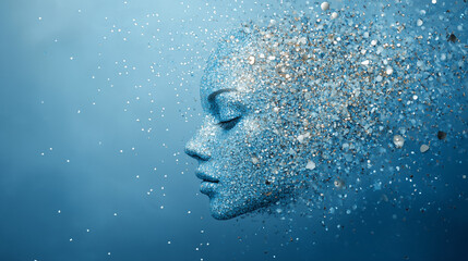 Ethereal Transformation: A serene female face, rendered in a shimmering blue hue, dissolves into a cascade of glittering particles.