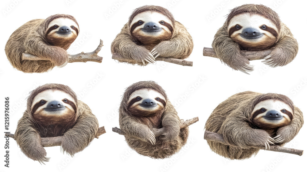 Poster sloths relaxing on branches in unique poses generative ai