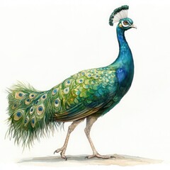 Obraz premium Vibrant Illustrated Peacock with Lush Feathers Showcasing a Range of Greens and Blues, Standing Proudly in a Minimalist Artistic Style for Decorative Purposes