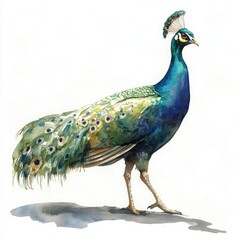 Obraz premium Vibrant Peacock Illustration Showcasing Stunning Plumage and Graceful Posture in a Watercolor Style, Perfect for Nature and Wildlife Enthusiasts