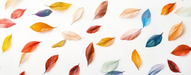 Fototapeta premium Colorful Autumn Leaves Scattered White Background Simple Design