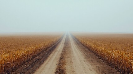 Naklejka premium Misty Cornfield Path: A Serene Autumnal Journey