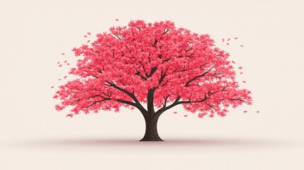 Obraz premium Pink cherry blossom tree with falling petals on a light background.