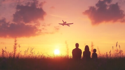 Fototapeta premium Sunset Silhouette Family Watching Airplane Departure