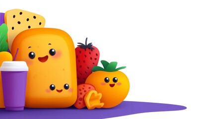 Cute Cartoon Food Characters with Fruits and Drink on Colorful Background