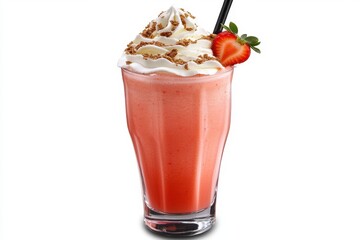 Refreshing strawberry milkshake topped with whipped cream and crumbles, served in a glass, perfect for summer thirst quenching and dessert satisfaction