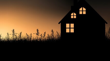 Sunset Silhouette of House with Illuminated Windows