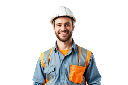 Portrait of a smiling male construction worker wearing helmet, isolated on transparent background - Powered by Adobe
