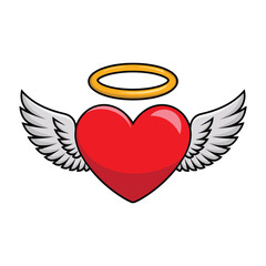 Cute heart with wings and halo icon. Adorable design perfect for love, angel, or Valentine's themes. Flat cartoon style vector illustration.