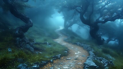 Obraz premium Misty forest path winding uphill, autumn leaves