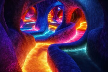 A labyrinth of colorful, glowing tunnels where light twists and turns in a complex and mesmerizing...