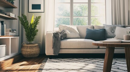 Cozy living room scene with sofa pillows plant and coffee table near window