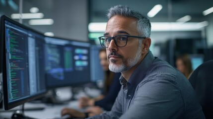 Focused Programmer Working in Modern Office, Coding on Multiple Monitors, Team in Background, Tech Industry