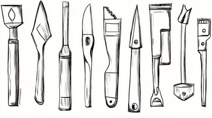 A Collection of Assorted Hand Tools, Line Drawings of Various Implements