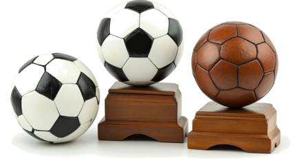 Collection of Soccer Balls Displayed on Pedestals Generative AI