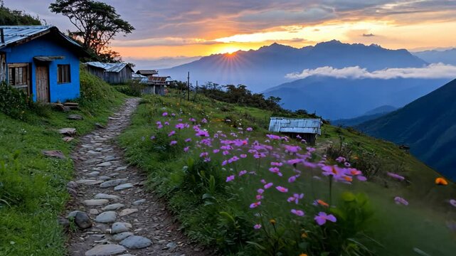 A small village nestled in the mountains, surrounded by lush greenery and blooming flowers	
