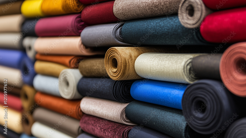 Poster rainbow of textiles: a vibrant stack of fabric rolls showcases a dazzling array of colors and textur